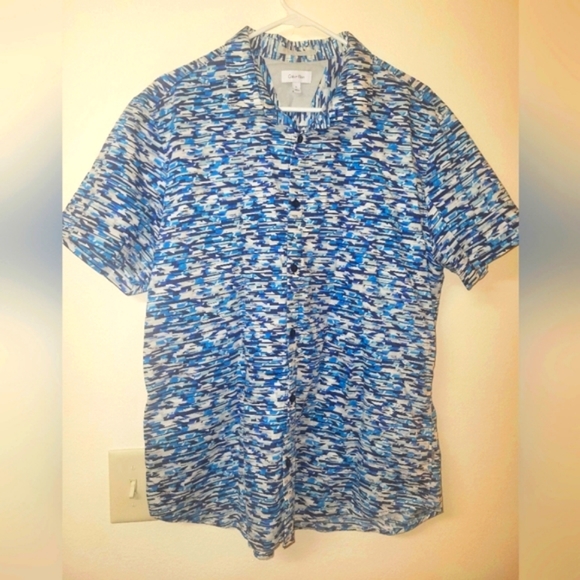 Calvin Klein Pixelated Mosaic Blue Button Down Shirt - Picture 3 of 13
